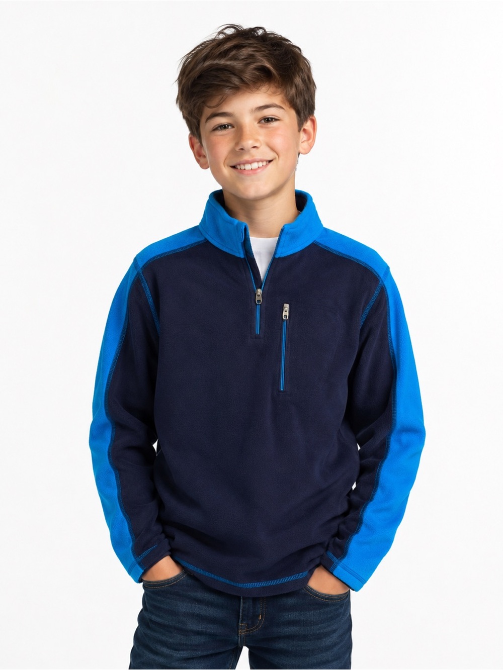 L.L.Bean Kids Fleece Quarter Zip Pullover Blue Navy Medium 10-12 Warm Outdoor